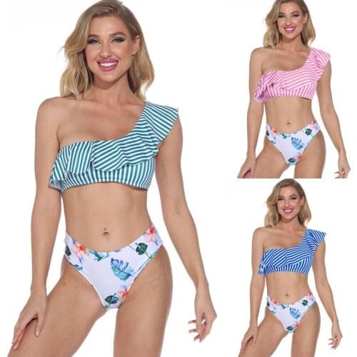 Sexy Ruffle Fringe One Shoulder Bikini Ruffled Bikinis Women Push Up Bandeau Swimwear Stripe High Waist Bathing Suit Swimsuit