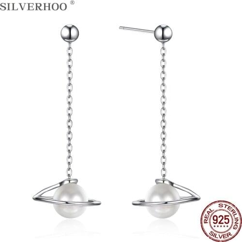 SILVERHOO S925 Sterling Silver Crystal Pearl Drop Earrings Personality Celestial Rotation Women’s Earrings Party Fine Jewelry