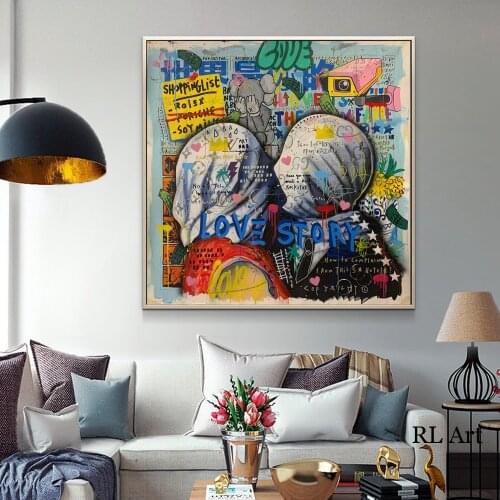 Modern Graffiti Art Posters and Prints on the Wall Canvas Art Lover Kissing Painting Love Story Picture for Living Room Decor