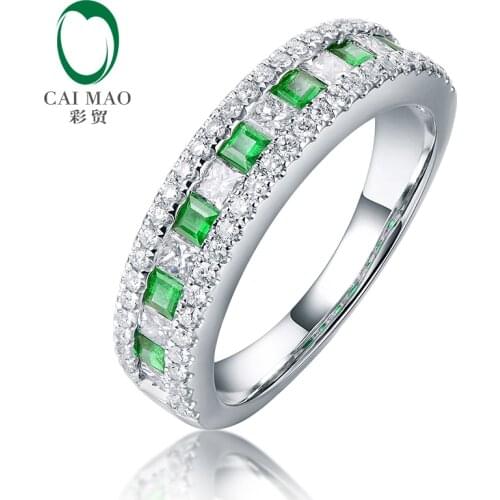 Caimao Half Eternity 0.87CTW Princess Cut Natural Emerald and Diamonds 14kt White Gold Wedding Band Unisex