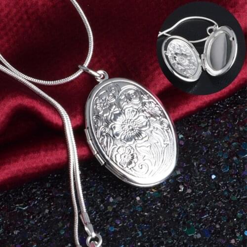 Unisex Retro Flowers Carved Photos Frame Style Pendant Snake Chain Necklace Fashion Jewelry Gifts NL0338