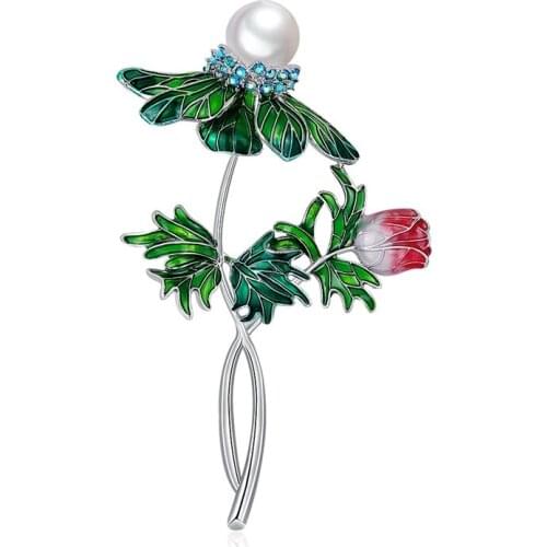 Green Red Flower Brooches For Women Crystal Cubic Zircon Simulated Pearl Pins Retro Jewelry Accessories Gifts