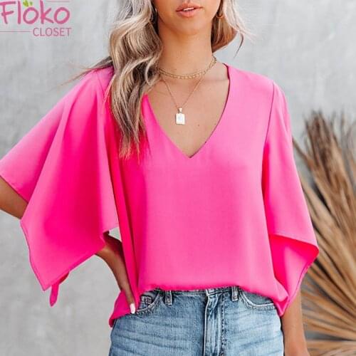 Flokocloset Summer V-neck Short Sleeve Loose Women T-shirts Casaul Vacation Holiday Top Solid Color Tees