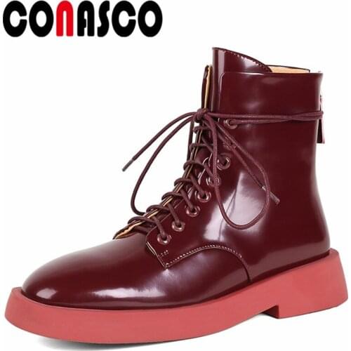 CONASCO 2021 Punk Women Ankle Boots Autumn Winter Warm Cow Leather Causal Prom Office Lady Working Boots Motorcycle Design Woman