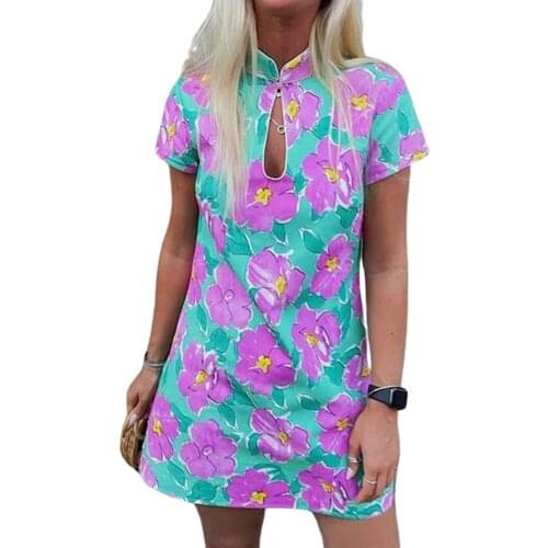 Women’s Casual Short Sleeve A-line Dress Fashion Printing Knot Buckle Hollow Short Dress