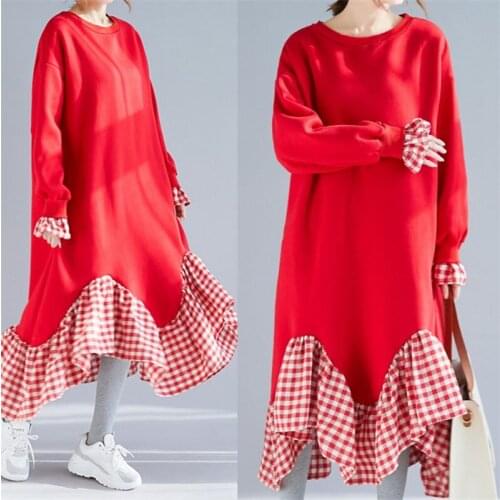 Large Size Sweatshirt Dress Female Fall Winter Plus Velvet Plaid Stitching Fake Two Piece Fishtail Dress Lady Casual Tunic y1009