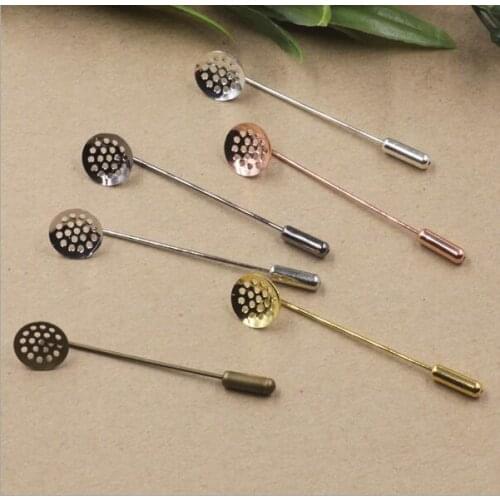 100pcs 12mm Copper plating 5 color round pad hat pins brooch 50mm long stick pin lapel pin base setting high-grade jewelry