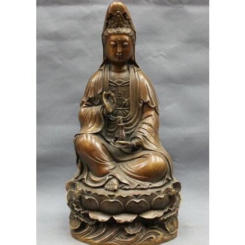 Fast shipping USPS to USA S1845 15" Chinese Bronze Copper Folk Home Lotus Kwan-Yin Guan Yin Pot Goddess Statue