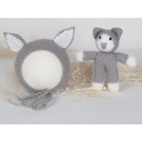 Lovely Gray Cat Hat Crochet Newborn Hat Knit Bonnet Set Photography Props Kids Animal Bonnet Photography Props Shower Gift