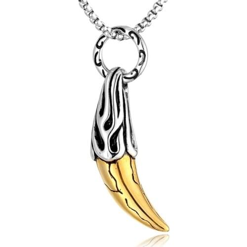 New hip hop Gold Color 316L Stainless Steel Wolf Fang Spike Pendant & Necklaces for Men Punk Jewerly
