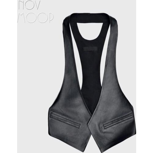Novmoop bartender uniform style genuine leather sheepskin women vest Gilet femme en cuir LT3206