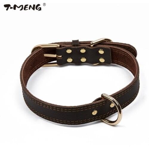 T-MENG Classic Style Dog Collar Genuine Cow Leather Collars For Small Large Dogs Necklace Pet Products For Animals Supplier