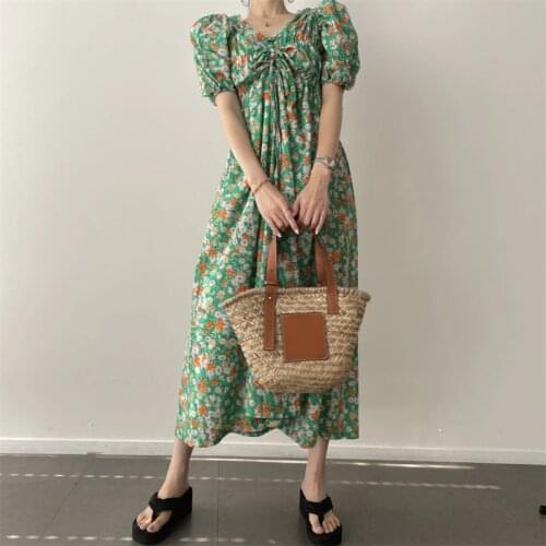 Drawstring Puff Sleeve Long V-neck Floral Dress