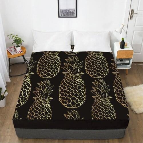 Fitted Sheets Mattress Cover With Elastic Band Bed Sheet Linens Bedsheet 90x200 160x200 135x200 Size 3D Printed Black pineapple
