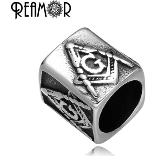 REAMOR 316L Stainless steel Free-Mason Freemasonry Masonic Bead Big Hole Bead for Bracelet Jewelry Making DIY Findings Wholesale