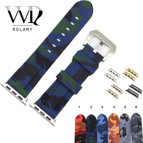 Rolamy 38 40 42 44mm Camo Blue Green Waterproof Silicone Rubber Replacement Wrist Watchband Loops For Iwatch Series 4/3/2/1