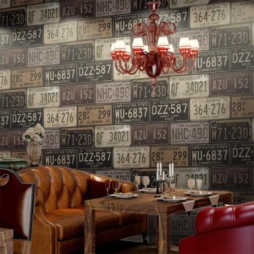 Retro nostalgic wallpaper loft industrial style English letters personalized license plate Internet cafe bar wall KTV wallpaper