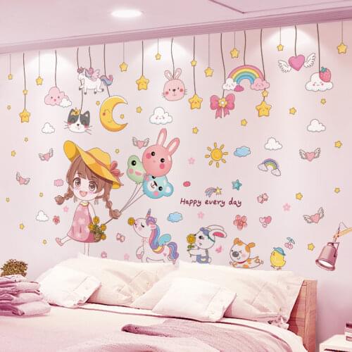 [shijuekongjian] Girl Balloons Wall Sticker DIY Stars Clouds Animals Wall Decor for Kids Room Baby Bedroom House Decoration