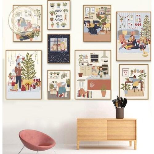 Nordic Christmas Snowflake Potted Canvas Painting Warm Family Life Pictures Wall Art Posters and Prints Home Decor Living Room