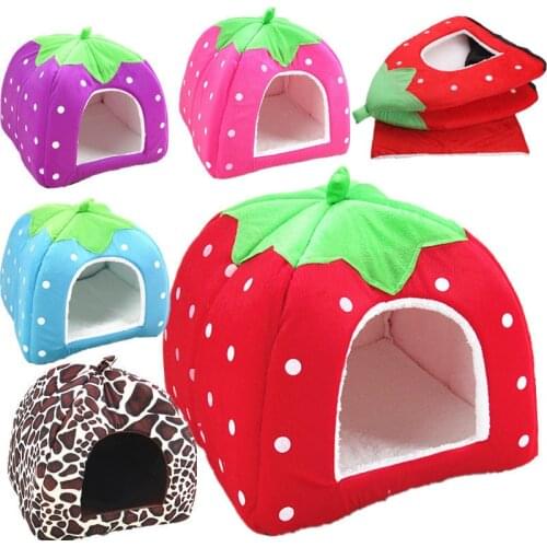 Foldable Soft Winter Leopard Dog Bed Strawberry Cave Dog House Kennel Nest Dog Fleece Cat Bed Pet Product Cat House Bed