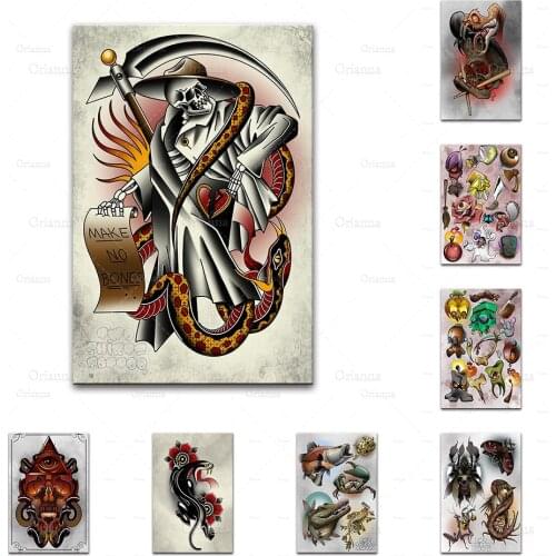 Tradition Reaper Tattoo Art Print Halloween Tattoo Flash Posters Panther Snake Wall Art Skull Home Decor Unique Gift
