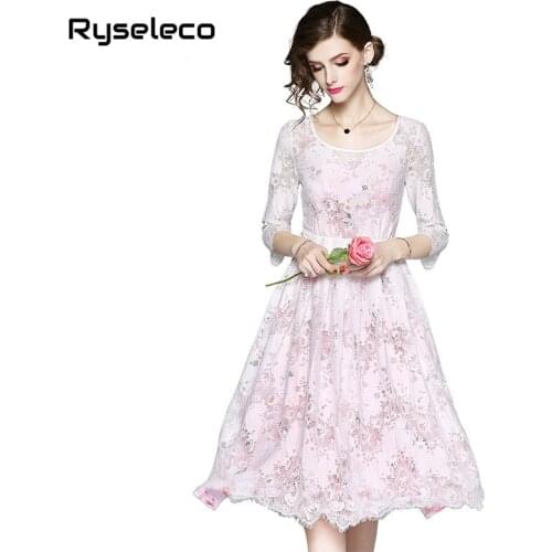 Work Office Party Midi Dresses Women Fashion Quality Chic Slim Floral Crochet Hollow Out Lace +Prints Chiffon 2pcs Sets Vestidos