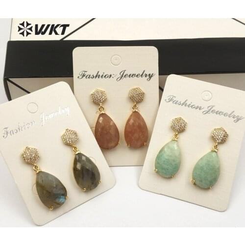 WT-E479 New sweet and lovely ladies earrings natural stone with cubic zirconia stone drop-shaped three-color fashion earrings