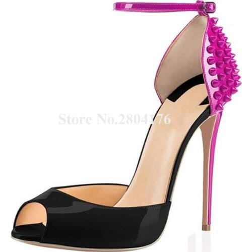 Brand Design Women Fashion Peep Toe Patent Leather Patchwork Stiletto Heel Rivet Pumps Ankle Strap Buckles High Heels Shoes