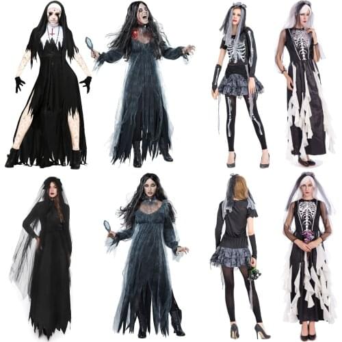 Halloween Carnival Party Costume For Women,Scary Demon Nun Dress,Skeleton Bride Black Dress For Masquerade And stage performance