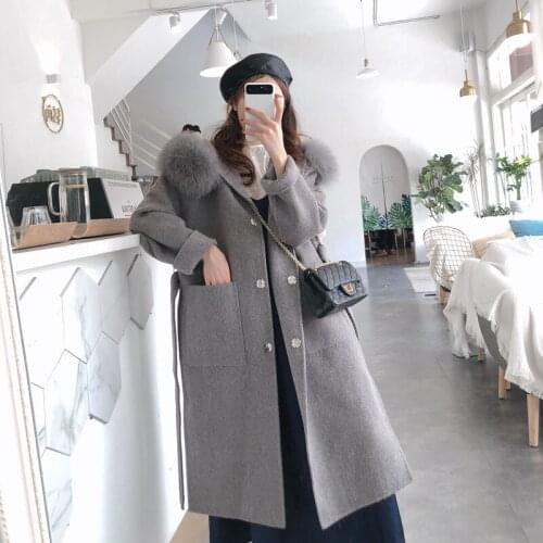 2020 Winter Ladies Wool Coats With Natural Fox Fur Hood Long Big Pockets Outerwear Ladies Streetwear mujeres abrigos