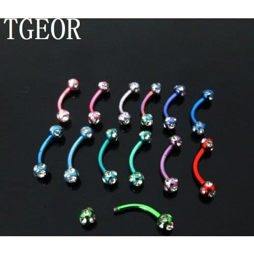 High quality 1 Pair 1.2*8*3mm mixed colors stainless steel eyebrow ring gem crystal plated curved eyebrow barbell piercing