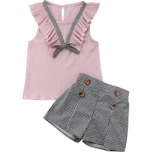 2-7Y Summer Fashion Toddler Baby Girls Sets Sleeveless Ruffles Pink Vest Tops Plaid Button Shorts Clothes 2PCS