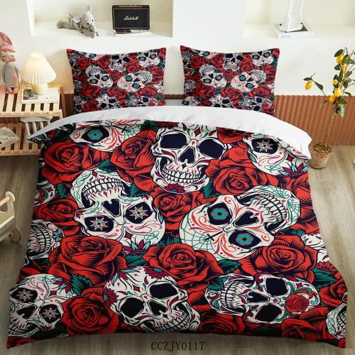3D Cartoon Modern Punk sugar Skull Skeleton Decoration Pillowcase Duvet Cover Bedding Set 2/3pcs Queen King Size