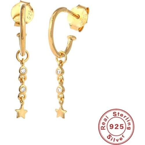 Aide 925 Sterling Silver White Zircon Star Chain Drop Earrings For Women C Shape Circle Long Dangle Earrings Party Fine Jewelry