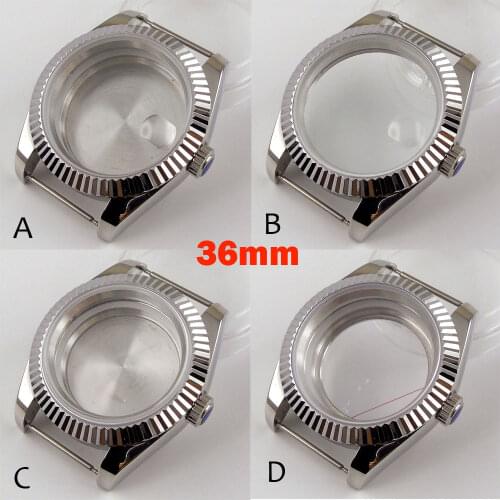 BLIGER 36mm Steel Fluted Bezel Watch Case fit NH35A NH36A ETA 2836 MIYOTA 8215 821A Glass Back Sapphire Crystal Screw Crown