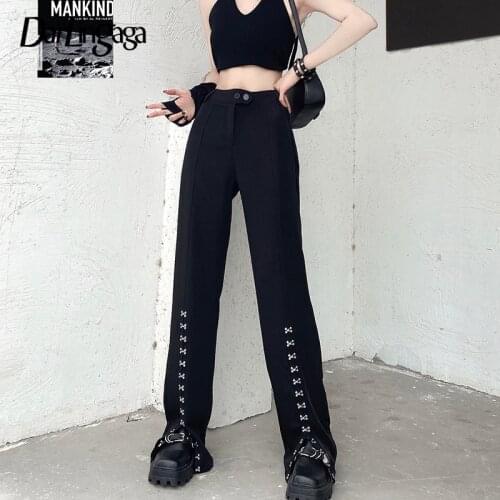 Darlingaga Mall Goth Hook Straight Black Trousers Women Pants Punk Style Harajuku High Waist Pants Split Gothic Clothes Capris