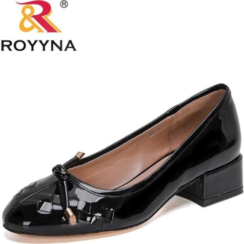 ROYYNA 2021 New Designers Patent Low Heels Fashion Footwear Female Slip On Round Toe Pumps Woman Fashion Office Dress Shoes Lady