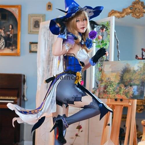 Game Genshin Impact Lisa Cosplay Costume Wigs Suit Anime Halloween Party Women Outfit Uniform Sexy Dress