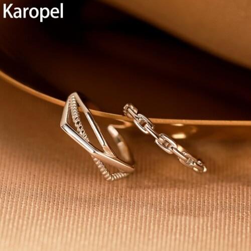 Karopel Luxury Real 925 Sterling Silver Pave Crystal Zircon Cuban Chain Open Ring for Women Fashion Punk Hip Hop Party Jewelry