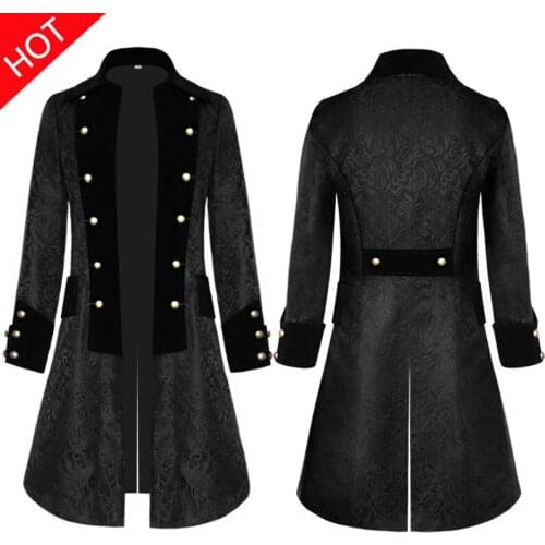 Steampunk Jacket Medieval Costume Trench Coat Men Long Sleeve Gothic Brocade Jacket Frock Coat Vintage Stand Collar Mens Coat