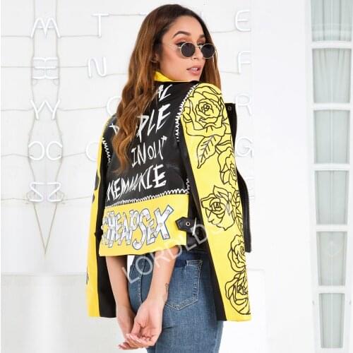 Yellow Punk Graffiti Faux Leather Jacket Women Fall Autumn Female Slim Short PU Coat Zipper Rivet Crop Motorcycle Biker Jackets