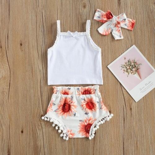 Summer Cute Baby Girls Clothes Sets Ruffles Lace Bow Sleeveless Vest Tops Floral Shorts Headband