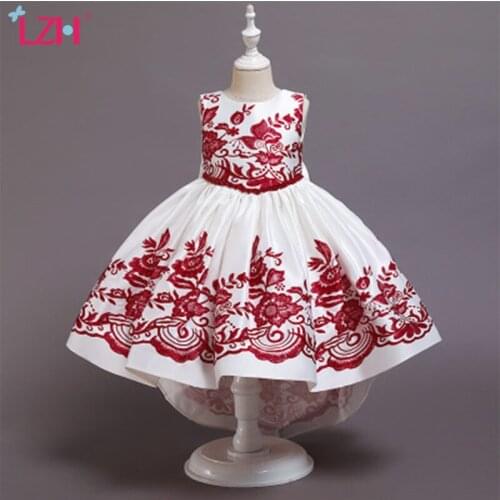 LZH 2021 Fashion Printed Girls Puffy Princess Dress Tailing Sleeveless Performance Dress For Children Bowknot Kids Clothes