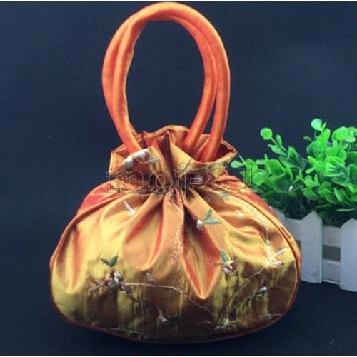 Fashion Womens Orange Embroidered Flower Silk Satin Purse Jewelry Bag Handbag