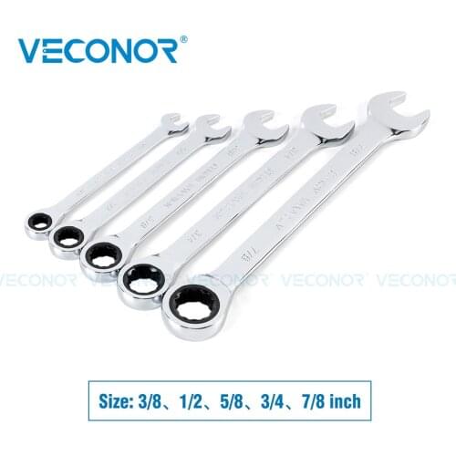 3/8 1/2 5/8 3/4 7/8 Inch Ratchet Wrench Set of Keys High Torque Spanner Tool 72-Tooth Imperial Size Mirror Surface Polished