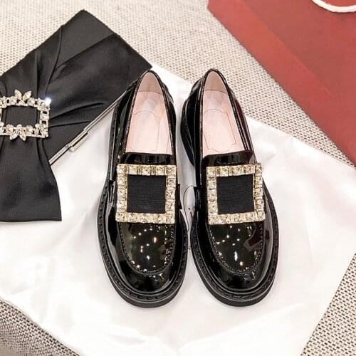 New autumn shoes big crystal buckle japanned leather brogue shoes woman retro slip on brogues oxford creepers mules derby s589