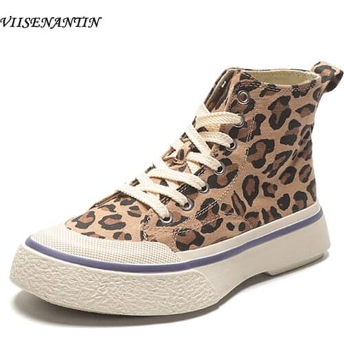 Autumn New Products Fashion Leopard Print High-top Shoes Round Toe Thick-soled Casual Shoes Lace-up Canvas Sneakers Women