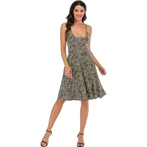 Sweet Spaghetti Strap Floral Dresses Fashion Sleeveless A-line Ruffle Hem Dress Vintage Party Summer Vestidos