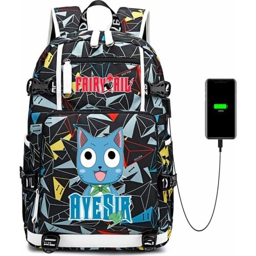 Anime Fairy Tail Backpack Casual USB Charging Canvas School Bag Zipper Shoulder Bag Mochila Laptop Bag Travel Bag Rucksack