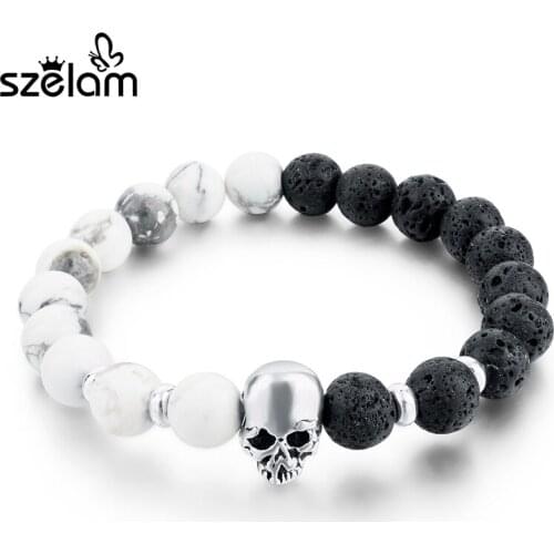 Szelam 8mm 2017 Natural Stone Skull Bracelets Bangles Lava Beads Elastic Men Bracelets Women Wrap Jewelry Accessories SBR160031